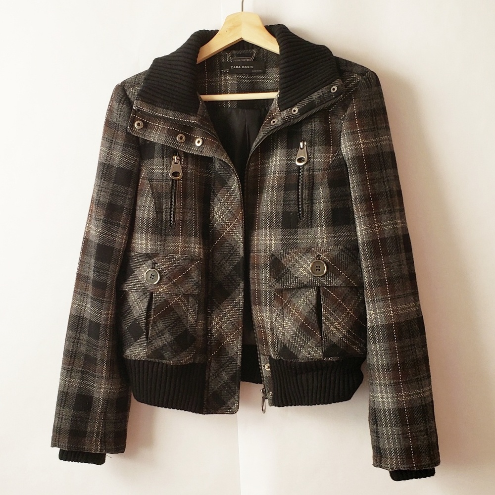 Zara Basic Plaid Jacket Coat Black Gray Large - image 1